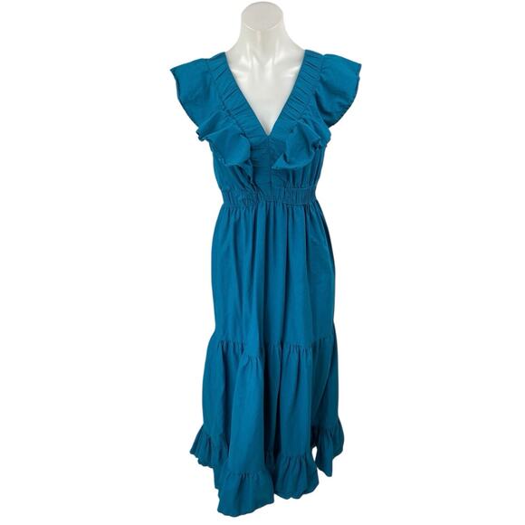 Japna Blue Sleeveless Ruffle V-Neck Elastic Waist Tiered Midi A-Line Dress Sz S - Picture 1 of 4